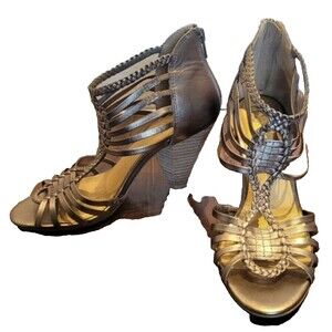 SEYCHELLES Size 7 Strappy Leather Bronze 3.75" heel zip back NWOB wedding party